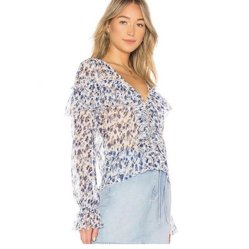 MAJORELLE Blue and White Floral Ruffle Blouse - Picture 2 of 9